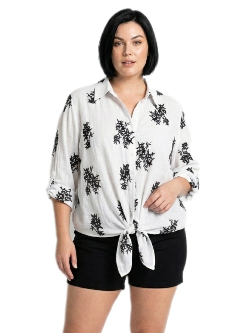 AB Studio 3X White Black Floral Button Front Top